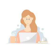 Cartoon woman smiling design, Woman using laptop on desk, Digital marketing illustration.