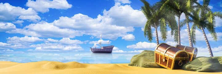 boxes or treasure chests. wooden treasure chest put on the beach at a deserted island in the theme of Pirate treasure. 3D rendering - obrazy, fototapety, plakaty