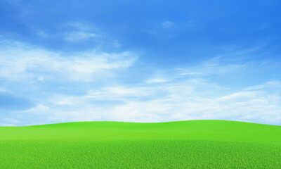 Fototapeta premium Blue sky and beautiful cloud with meadow tree. Plain landscape background for summer poster. The best view for holiday. picture of green grass field and blue sky with white clouds. 3D Rendering.