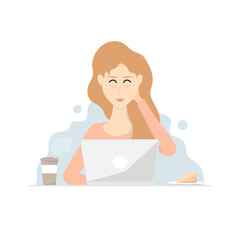 Cartoon shy woman design, Woman using laptop on desk, Digital marketing illustration.