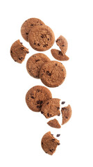 Chocolate cookies falling with chocolate chip