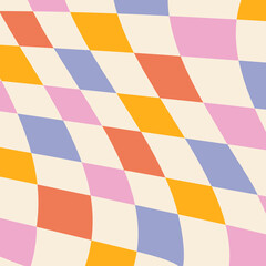 Retro-vintage hippie-style background in the style of the 70s and 80s. Flat vector illustration. Checkered wavy pastel background.