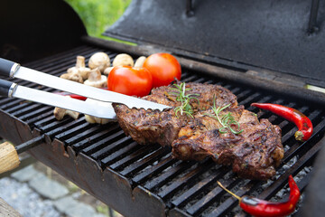 Beef steaks cooking on the charcoal grill with chili pepper, tomatoes, garlic and mushrooms for bbq sauce.
