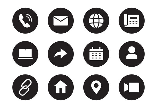 Phone, email contact icon. Mail, telephone adress, message symbol for website button. Black solid pictogram design style icon set. Vector illustration.