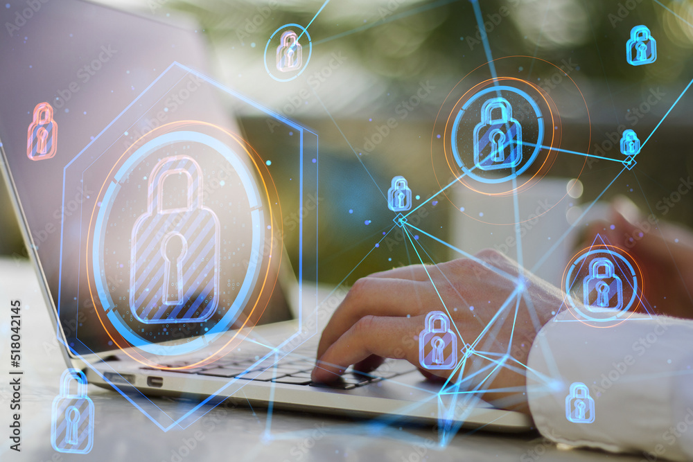 Poster businessman hands using laptop at desktop with coffee cup and abstract glowing connected digital pad