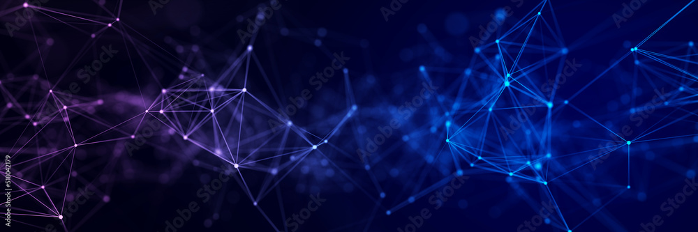 Poster Futuristic geometric double data flow background with connecting dots and lines. Abstract digital background. Big data complex with connections. 3D rendering.