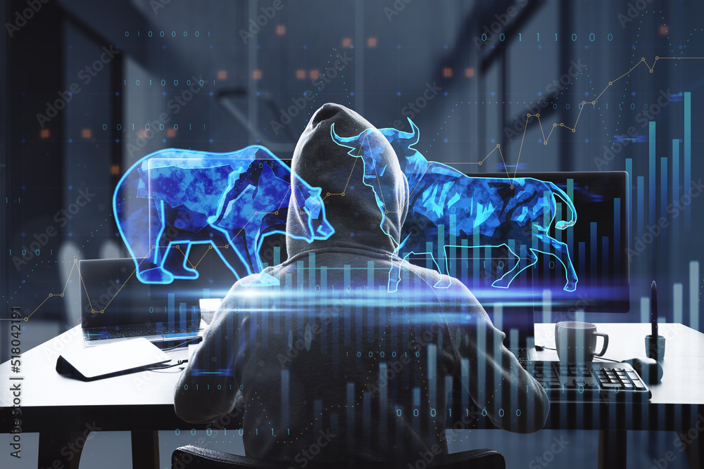 Poster bulls and bears struggle. Equity market illustration. Back view of hacker using computers at desktop with coffee cup and creative hologram and graph on blurry office interior background