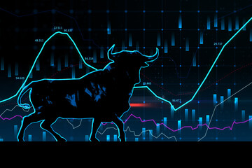 Concept of bullish market. Glowing bull hologram over forex chart on dark texture. Trade and invest concept. 3D Rendering. © Who is Danny