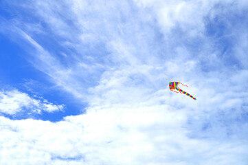 Fototapeta na wymiar Rainbow kite flying in blue sky with clouds