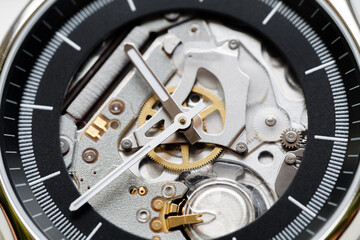 Swiss made quartz skeleton wrist watch close up - obrazy, fototapety, plakaty