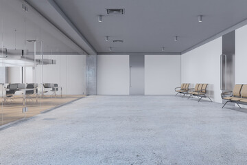 Modern concrete, glass and wooden meeting room interior. Law and legal, corporate workplace...