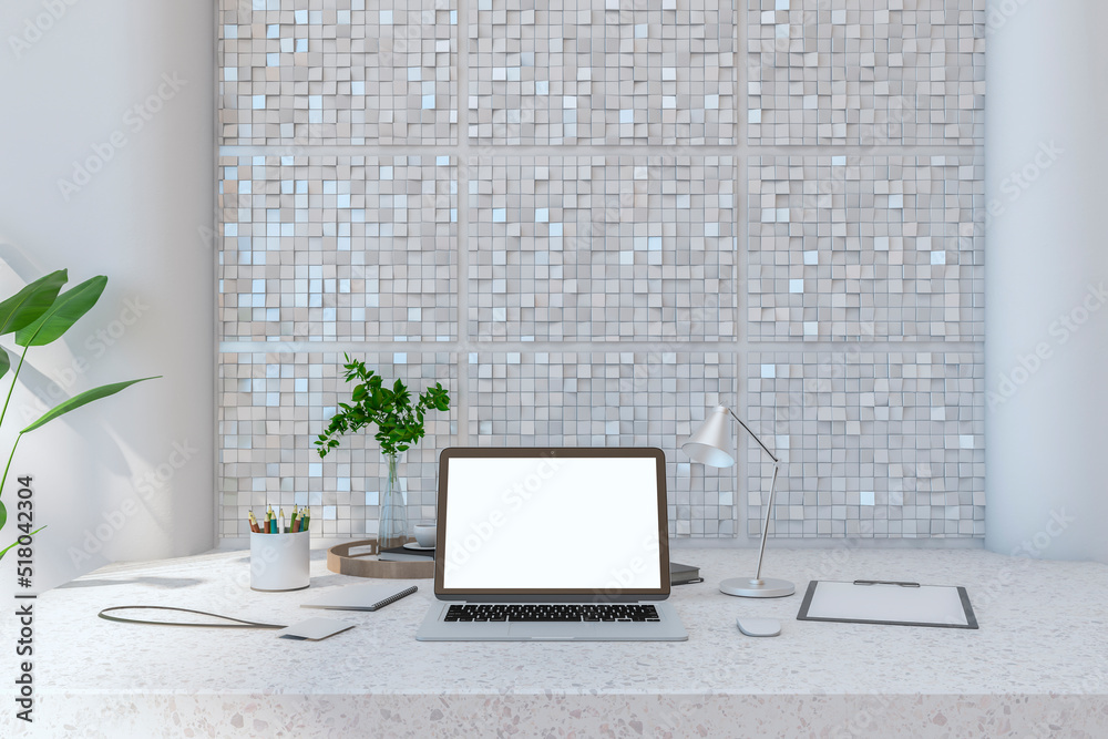 Poster close up of creative designer desktop with empty white laptop screen, coffee cup, lamp, supplies var