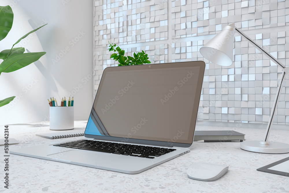 Poster Close up of creative designer desktop with empty laptop screen, lamp, supplies various other objects and shiny light tile wall background. 3D Rendering.