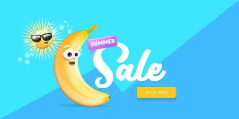 Obraz na płótnie Canvas Summer sale funny horizontal banner with cartoon sun and funky banana character isolated on summer blue background. Vector 3d horizontal summer hot sale poster, flyer, banner, tag and background