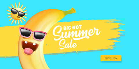 Summer sale funny horizontal banner with cartoon sun and funky banana character isolated on summer blue background. Vector 3d horizontal summer hot sale poster, flyer, banner, tag and background