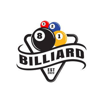 Billiards Championship Sports badge design logo and simple text, billiard room or pool club and team, billiard ball, icon, symbol, template