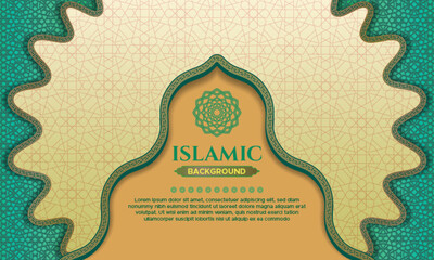 Green and brown pastel islamic pattern background with wave border frame perfect for Islamic celebrations: happy muharram, ramadan kareem or eid mubarak, eid al adha and mawlid an prophet muhammad