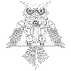 Obraz premium Mechanical owl in metal steampunk style coloring book. Vector illustration.