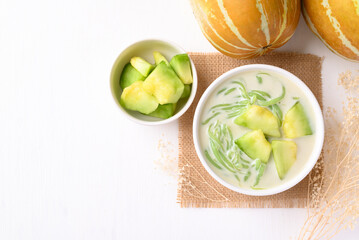 Thai dessert (Lod Chong), Rice flour jelly pandan flavor with Thai melon in coconut milk	 - obrazy, fototapety, plakaty
