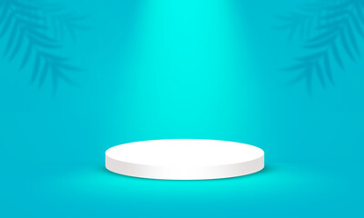 round podium for product display with blue summer concept palm tropical leaf background