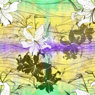 Seamless pattern. Lily flowers, buds and leaves. Floral digital art. Summer garden flowers. Use printed materials, signs, items, websites, maps.