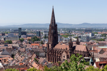 Historic town of Freiburg im Breisgau with famous Freiburg Munster cathedral. Germany