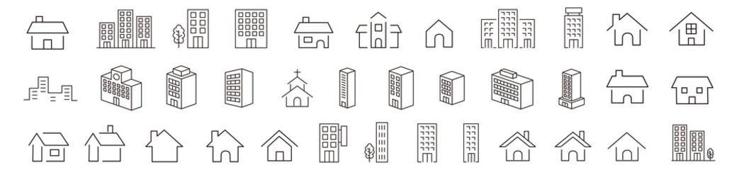 ビル 建物 家 アイコン Simple building and houses line icon set