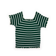 Flatlay dark green Short sleeve T shirt white line pattern full body for women show with white background.