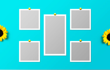 beautiful photobook frames mockup illustration with sunflower over turquoise background