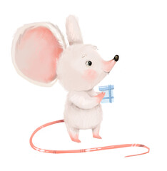Obraz na płótnie Canvas Cute mouse happy cartoon adorable cheerful character hand drawn watercolor illustration newborn birthday clipart card. Newborn nursery art.
