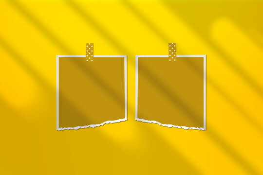 Photo Frame Mockup Illustration With Shadow Overlay. Two Photo Frames With Torn Paper On Sticky Tape Over Yellow Gradient Background