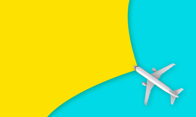 top view airplane over blue and yellow background, travel concept beautiful minimal background