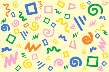 Fototapeta na wymiar Simple background, childish drawing scribble decoration. Colorful line doodle shape set.