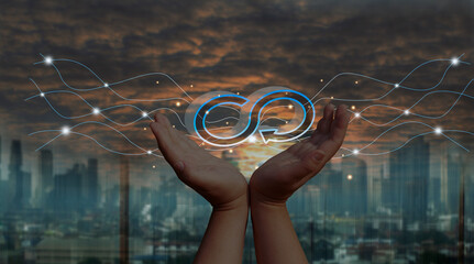 Circular economy symbol on icon Hands and big cities, endless circular economy in sustainable business ideas and future environmental growth.