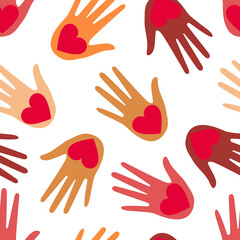 Obraz premium People's hands are holding a red heart. Loving hand. Seamless cute pattern. Vector.