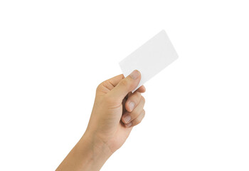 Hands holding paper blank for business card isolated on white background include clipping path.