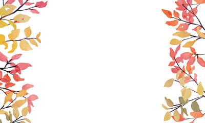 水彩画。水彩タッチのベクター秋の植物。紅葉した葉っぱの背景。紅葉樹の秋フレーム。Watercolor painting. Vector autumn plants with watercolor touch. Autumn leaves background. Autumn frame with red leaves tree.