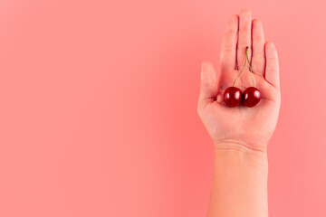 cherries in the women's hand isolated on pink background. Summer gifts, sweet cherries adored by children. ripe sweet cherries, red appetizing fresh organic cherries, tasty and invigorating.