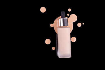 Spilled liquid foundation. Mockup glass bottle of correction cosmetic product with pipette for make...