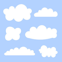 Simple shapes Cloud. Abstract white cloudy set isolated on blue background.