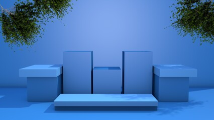 Abstract blue 3D room with realistic pedestal podium set and leaf shadow overlay.