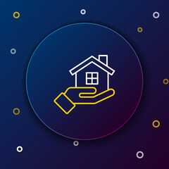 Line House in hand icon isolated on blue background. Insurance concept. Security, safety, protection, protect concept. Colorful outline concept. Vector
