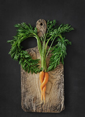 Trendy ugly organic carrot from home garden on wooden desk and leaves in the shape of heart, copy...