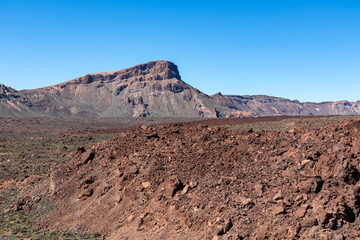Panoramic view on mount Guajara, Roque de la Grieta in volcano Mount Teide National Park, Tenerife, Canary Islands, Spain, Europe. Volcanic barren desert landscape canyon. View from Minas de San Jose