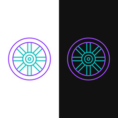 Line Old wooden wheel icon isolated on white and black background. Colorful outline concept. Vector