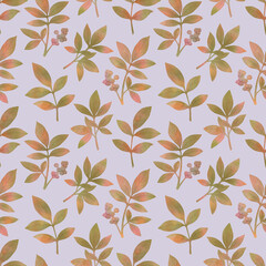 Seamless abstract pattern of leaves and berries painted in watercolor. Botanical pattern on a bright abstract background.