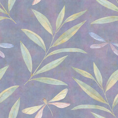 Abstract seamless background of leaves and dragonflies for design, fabric, wallpaper, wrapping paper. Graceful botanical drawing. Watercolor illustration processed in a digital program.