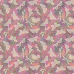 Seamless watercolor background. Butterflies and dragonflies on a background of flowers. Colorful botanical background for design, textiles, wallpapers.