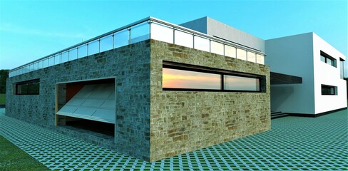 Modern high-tech building. Open garage, enclosed deck, and old reddish slate façade. Advanced blind area made of perforated stone. 3d render.