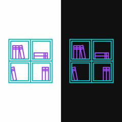 Line Shelf with books icon isolated on white and black background. Shelves sign. Colorful outline concept. Vector